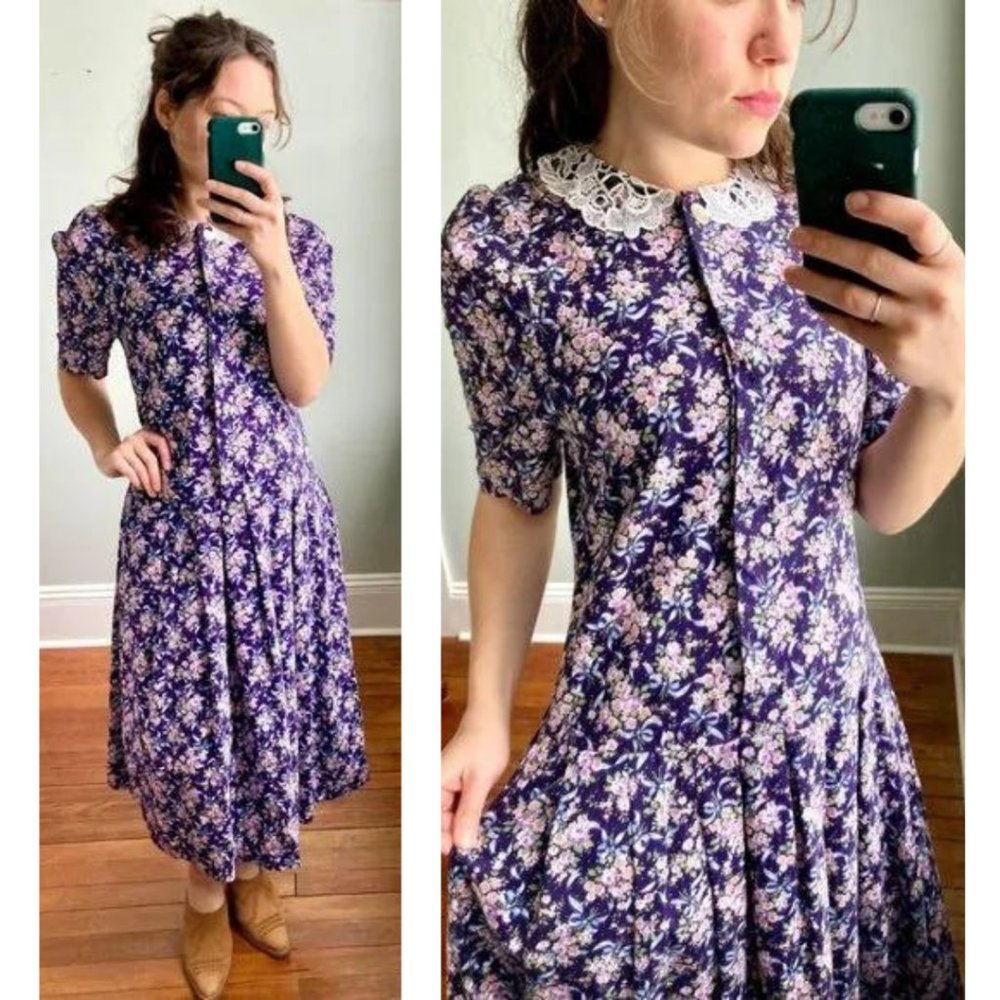 Vintage 90s Purple Floral Cottagecore Lace Bib Puff Sleeve Midi Dress